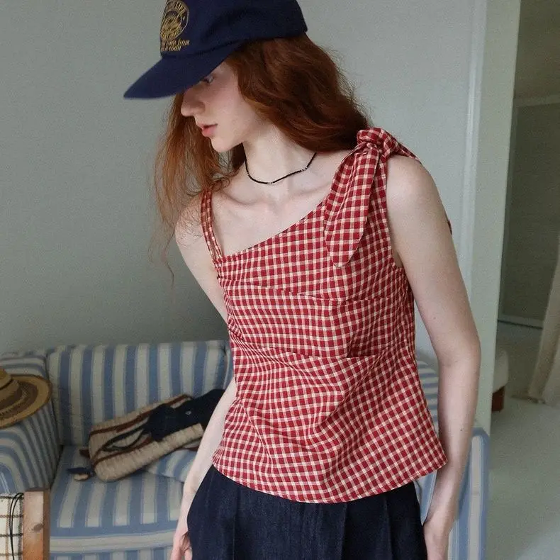 

Summer Retro Plaid Asymmetrical Strap Camisole Top for Women