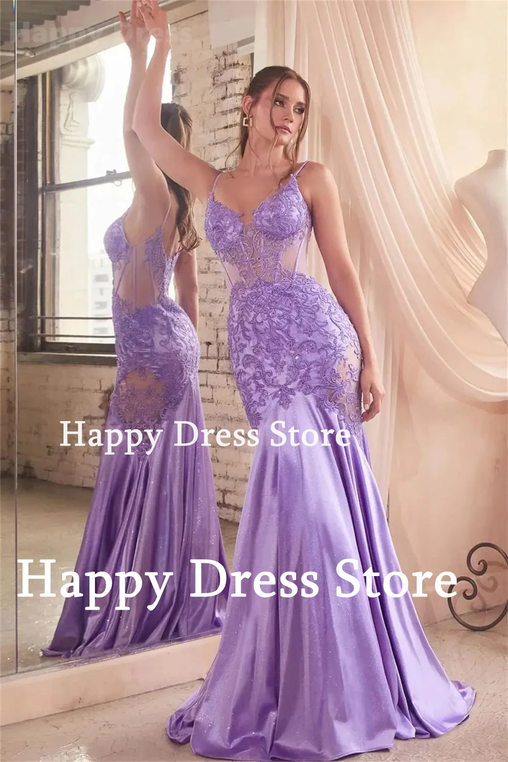 Sexy Formal Evening Dress V-Neck Spaghetti Straps Lace Appliques Prom Dress Mermaid Wedding Party Dress New Satin Bridal Gown