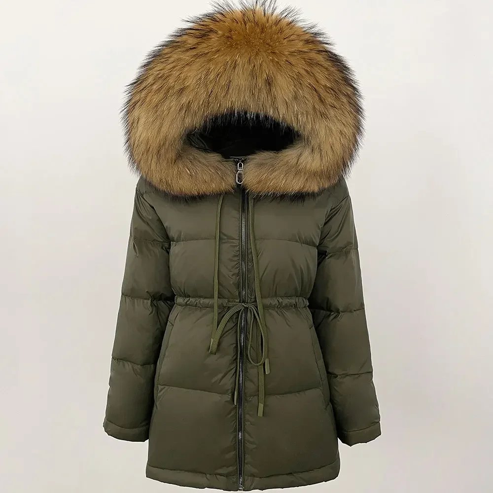 Winter Puffer Jacket Women Large Natural Raccoon Fur Hooded Warm Fur Coat Sash Tie Parkas Waterproof 90% Duck Down Coat Female