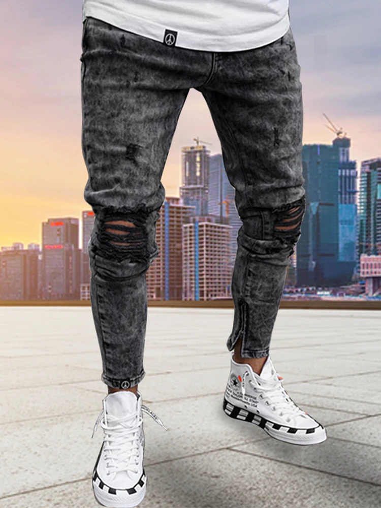 Mens Knee Ripped Jeans High Quality Man Casual Slim Pencil Jeans Male Streetwear Youth Man Clothes Hip Hop Long Denim Trousers