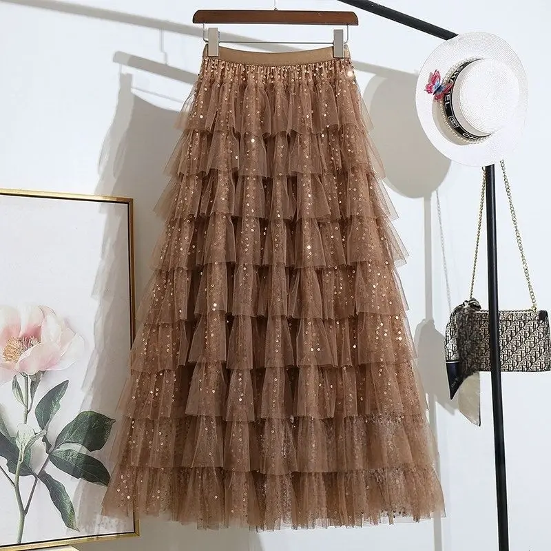 Women Heavy Sequin Tulle Tiered Skirt Elastic Waist Flowy A Line Maxi Half Skirt