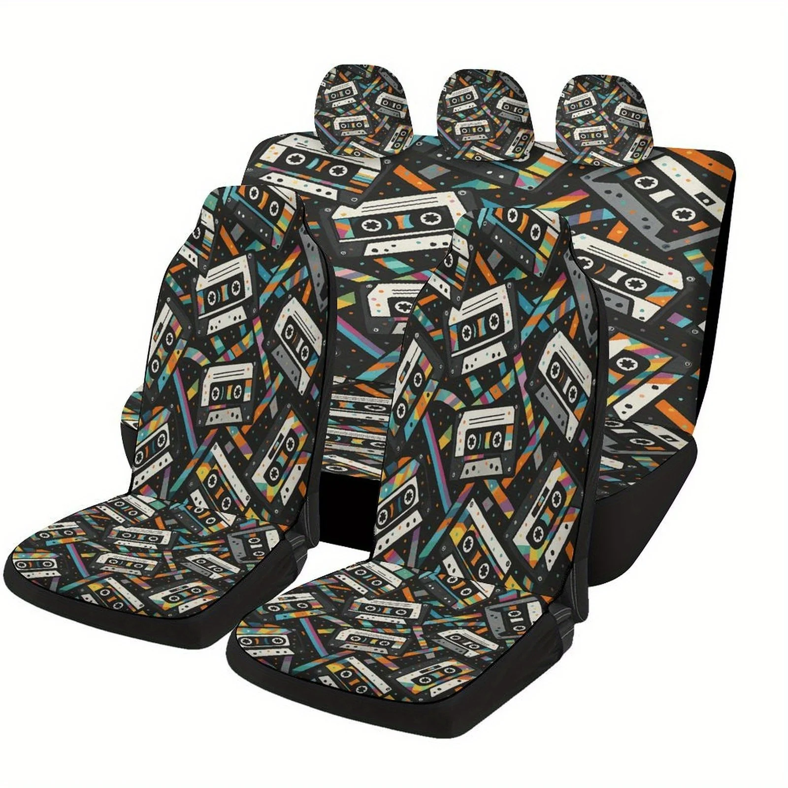 Universal Fit For Most Cars, Cassette Tape Pattern Fashion Novelty Car Seat Cover Set - Full Set Of Front And Rear Seat Protecto