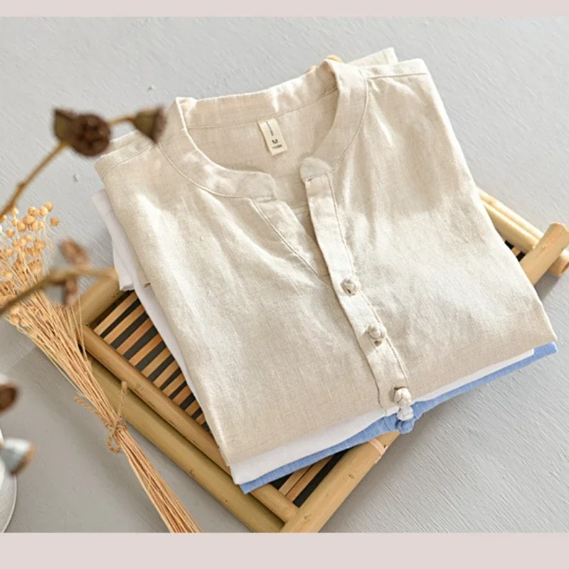 Summer New Vintage Pure Linen T Shirt for Men Thin and Simple Solid Color Slim Men Clothing B3309