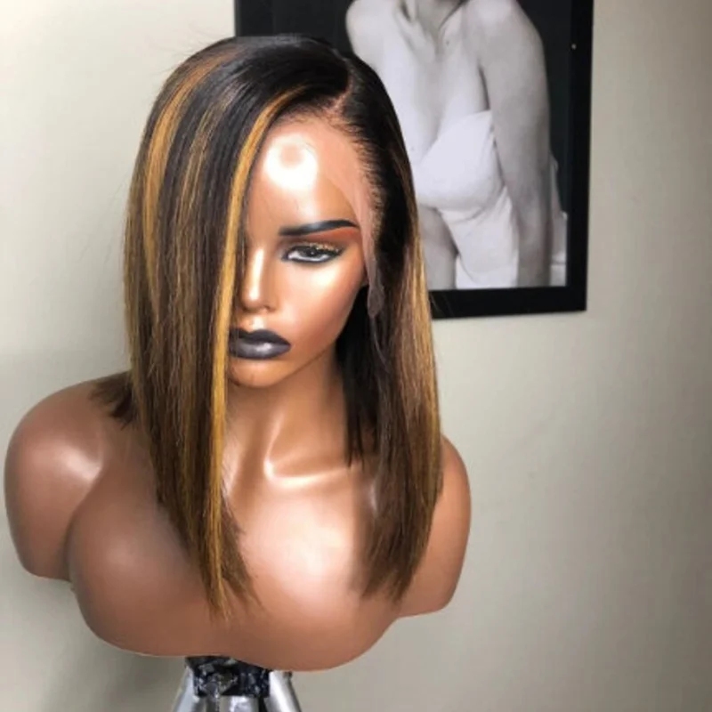 Perruque Bob Lace Front Wig courte sans colle, cheveux lisses, à reflets blonds, densité 180, 16 pouces, pre-plucked, pour femmes