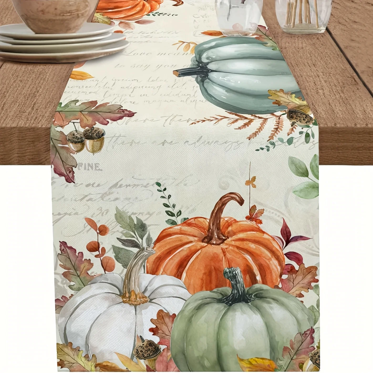 1pc Fall Table Runner - Vintage Rustic Farmhouse Design With Pumpkins Leaves & Cursive Script Autumn Thanksgiving Decor Fo