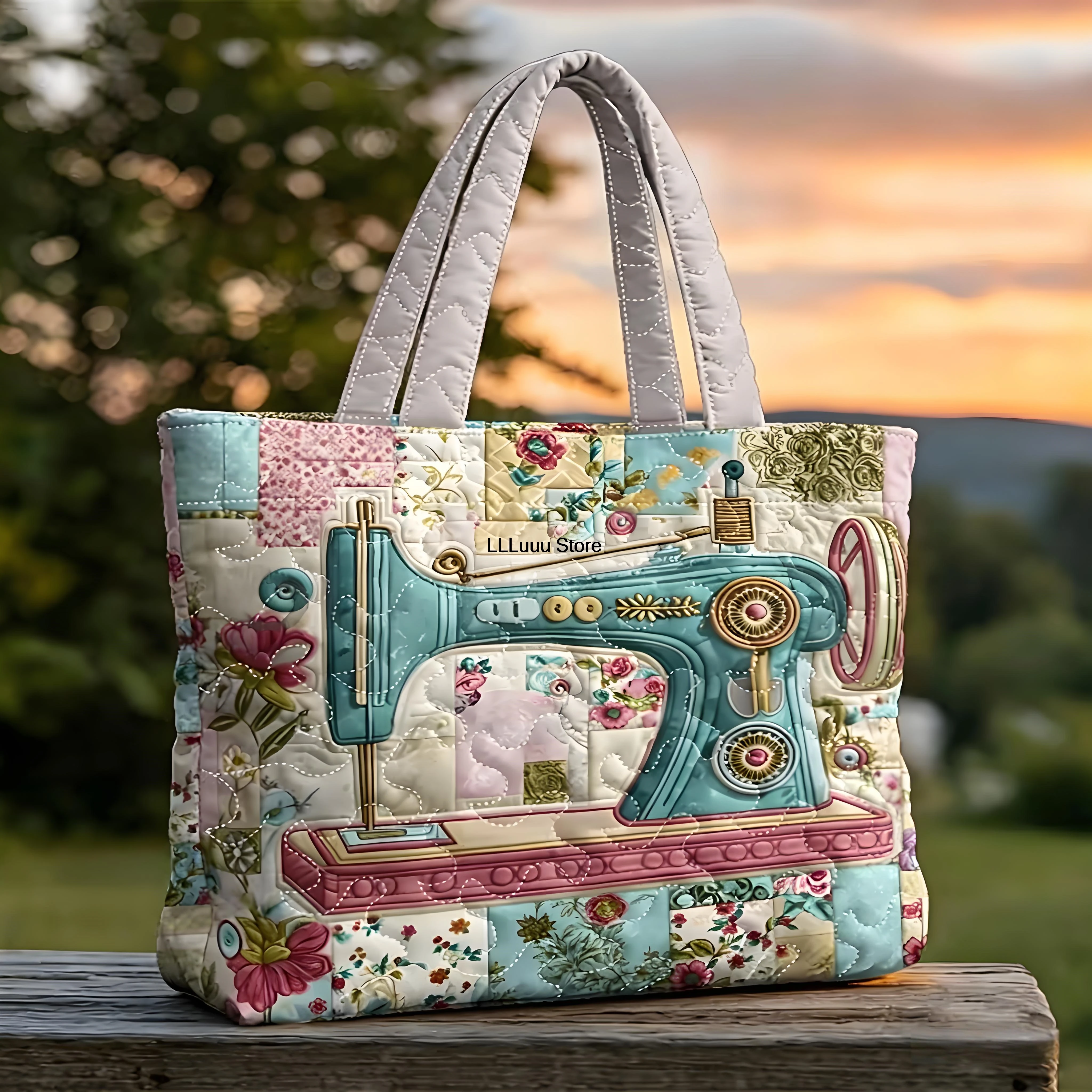 3D Sewing Machine Print Floral Patchwork Quilted Tote Daily Shoulder Bag Women's Vintage Handbag For Shopping