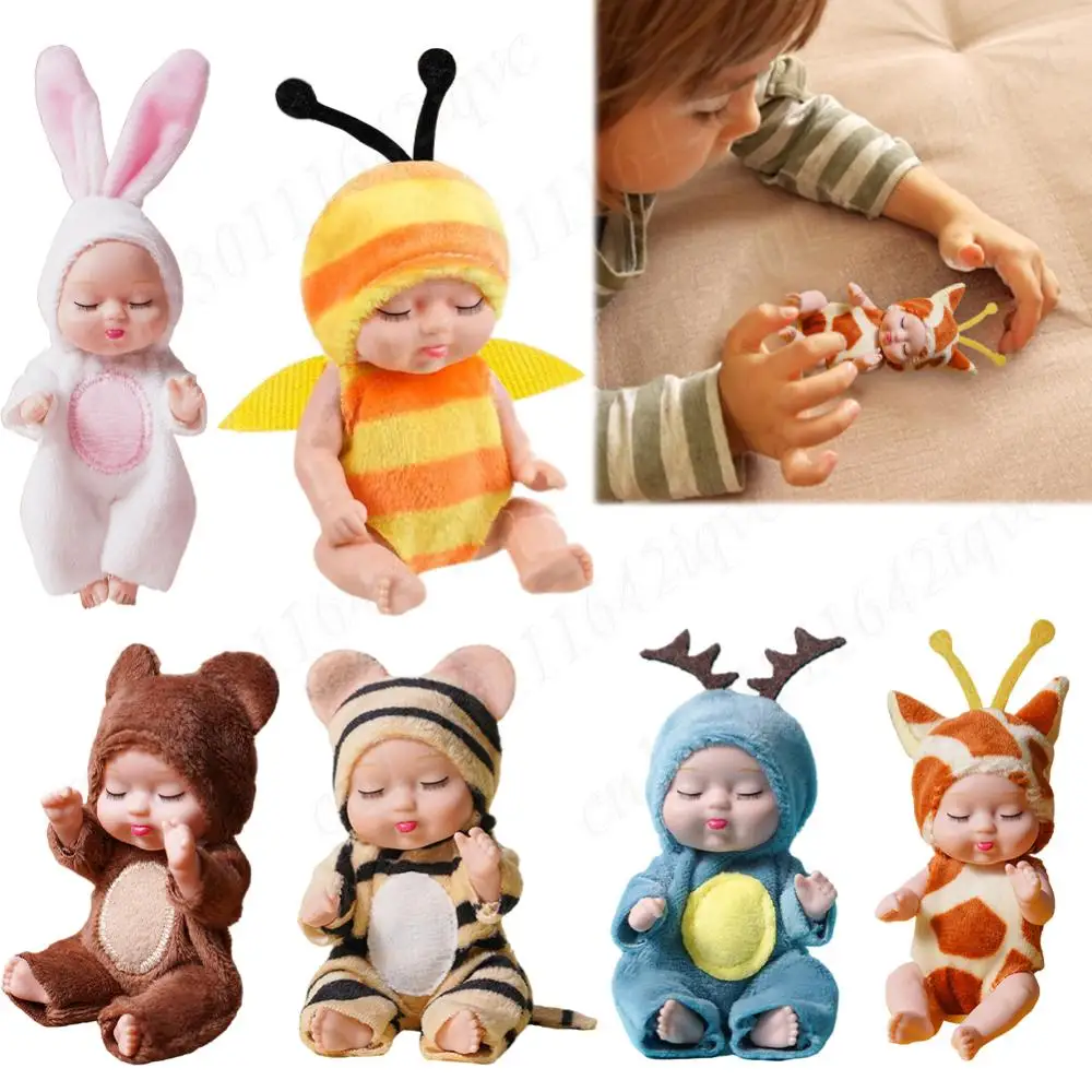 1/6 Pcs 11cm Mini Reborn Baby Doll Cute Sleeping Baby Series Doll with Animal Clothes Kids Girls Toys for Children Birthday Gift