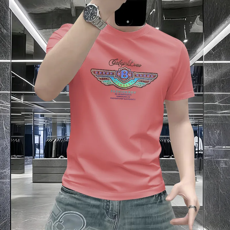 Summer New Men Ice Silk T Shirt Wing Print Round Neck Slim Fit Breathable High Grade Casual Short Sleeve Tops Daily Wear Clothes