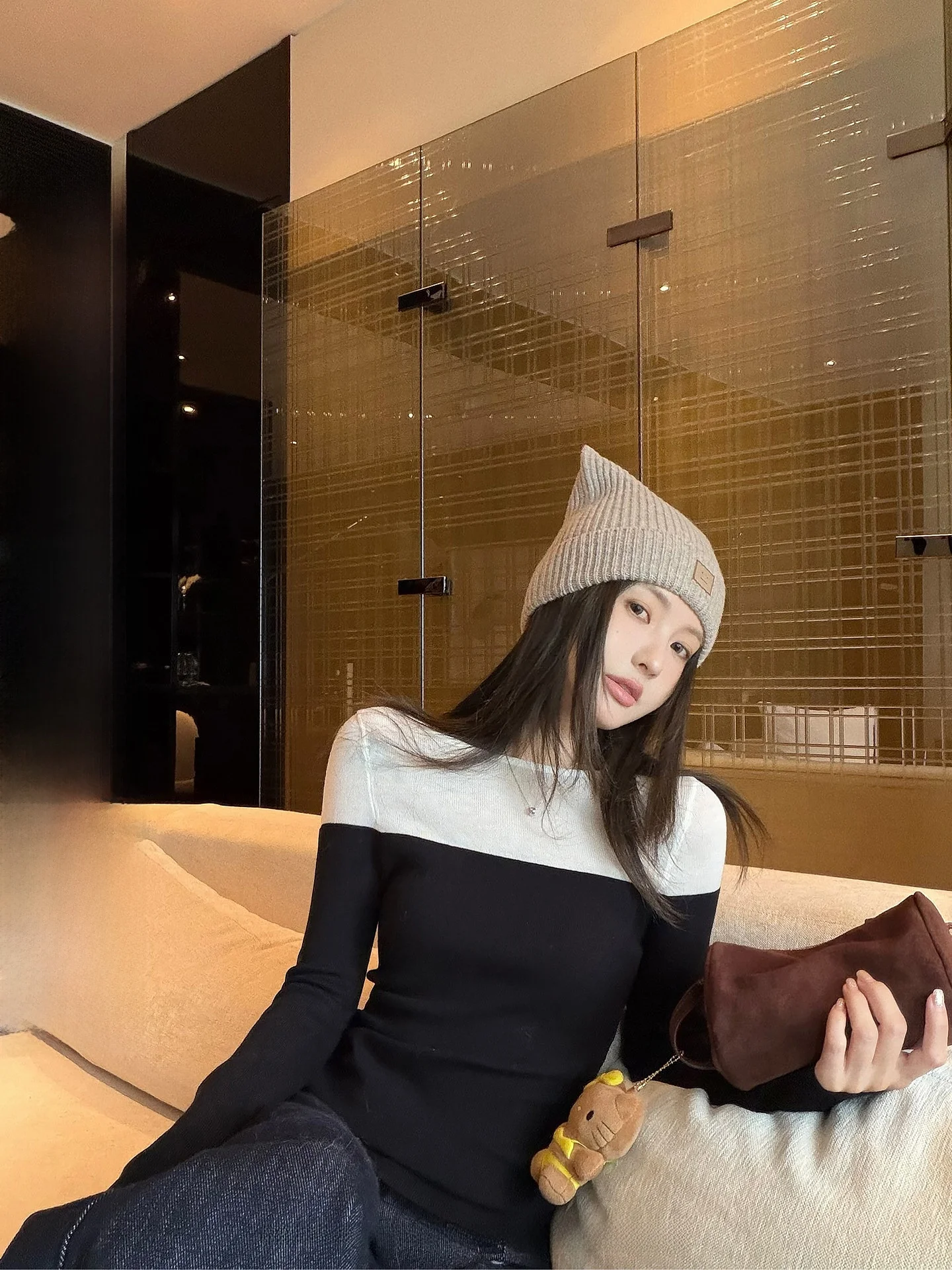 

NingSi Color Blo Boat Ne Long Sve Knitted Sweater Women's Winter Slim Fit Versatile Top Casual Sle Loose Fit