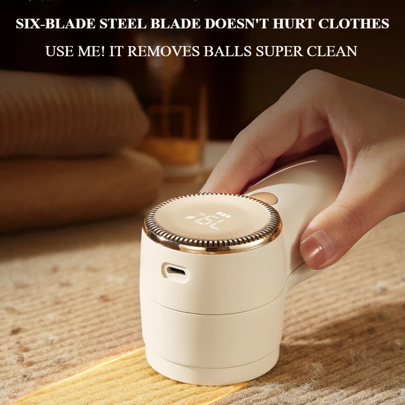 Portable Lint Remover 𝗥𝗲𝗰𝗵𝗮𝗿𝗴𝗲𝗮𝗯𝗹𝗲 Fabric Shaver Sweater Shaver for Clothes Furniture Couch Carpet with 6-Leaf Blade