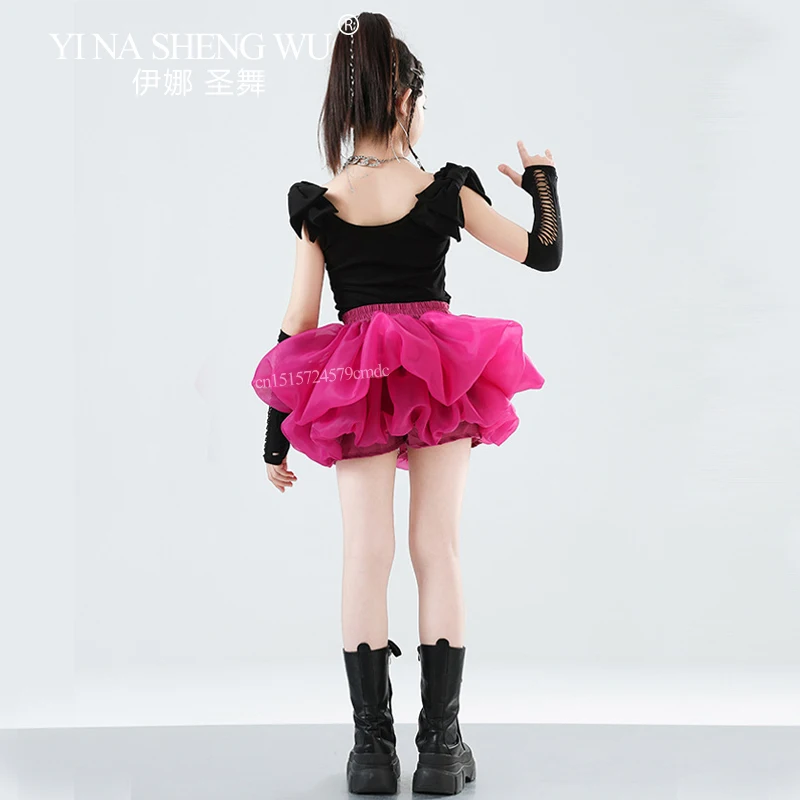Meninas traje de dança jazz preto topos rosa saia curta conjunto crianças hip hop dança de rua t-stage modelo mostrar roupas de moda
