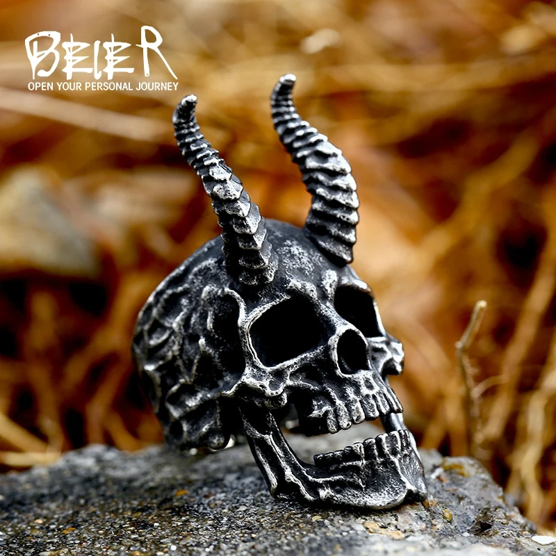 BEIER 316L Stainless Steel Biker Dark wind Jewelry Unique Punk Gothic Goat Head Satanic Demon Sorath Skull Ring Men BR8-802