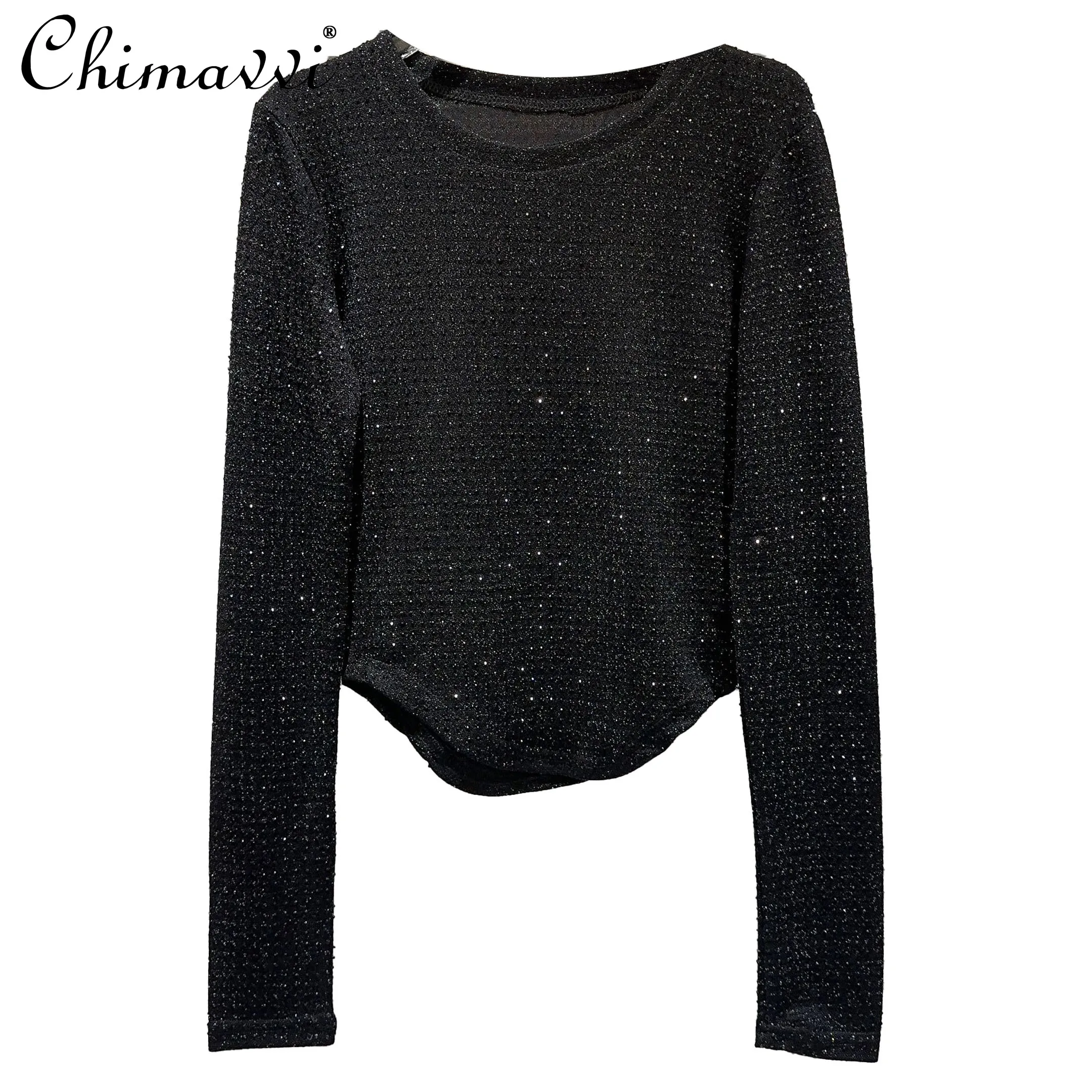 2024 Autumn Clothes New Fashion Hot Girl Full of Rhinestone Bright Silk Fabric Curved Edge Tee Tops Slim Fit Pullover T-shirt