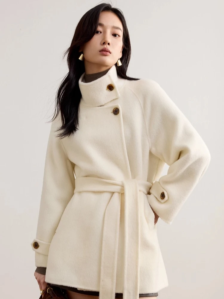 

SENTUBILA Women's 100% Wool Double Faced Tweed Overcoat 2025 Winter Stand Collar Double Wear Cloth Belt Classic Coat W54OG8765