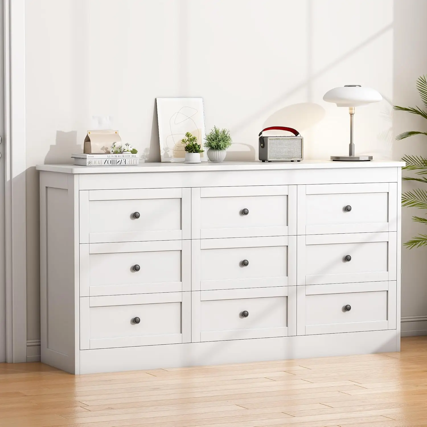 

9 Drawer White Dresser Wide Wooden Chest Organizer with Metal Handles for Bedroom Living Room Hallway