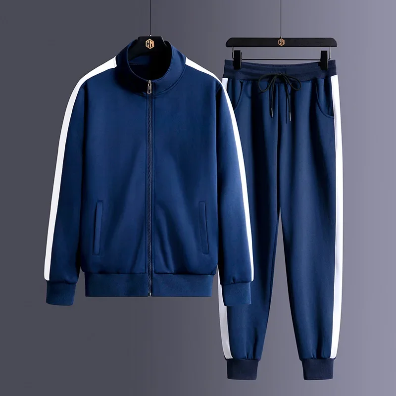 2024 Autumn Korean Tracksuit Men Zip Pocket Running Sets Striped Sporting Suit Jacket+ Sweatpants Jogging Fitness Clothing