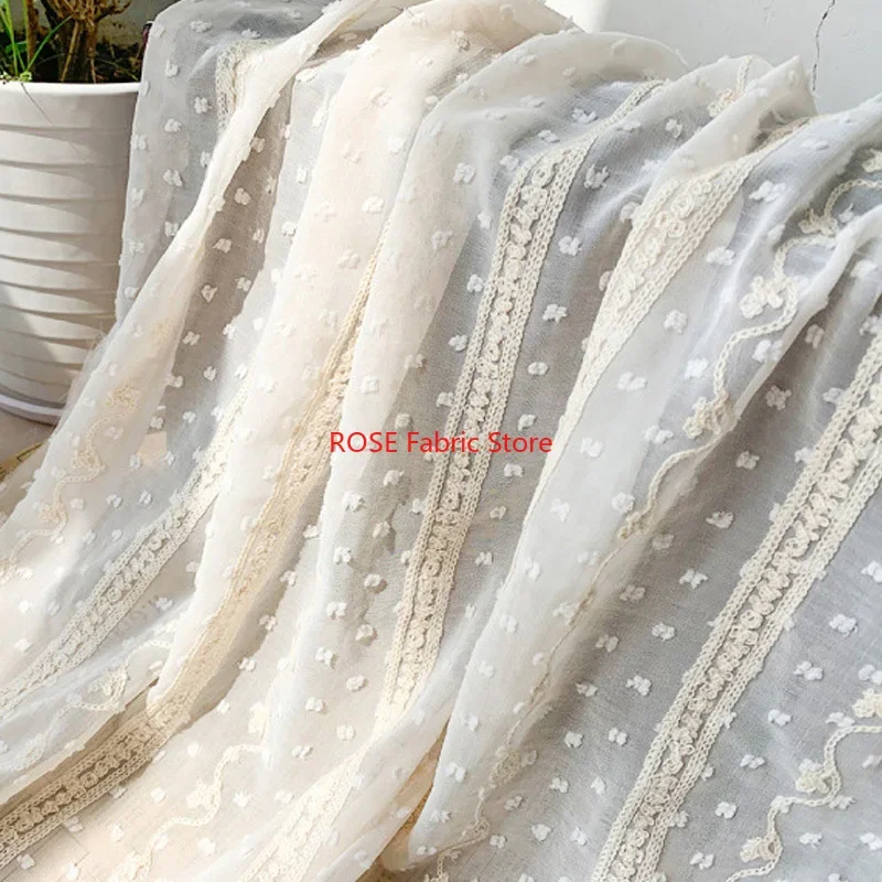 Beige Striped Flower lace fabric, Soft Chiffon Polka Dots fabric for Blouse, Lace Top, Spring Dress, Vintage Dress, Beach Dress