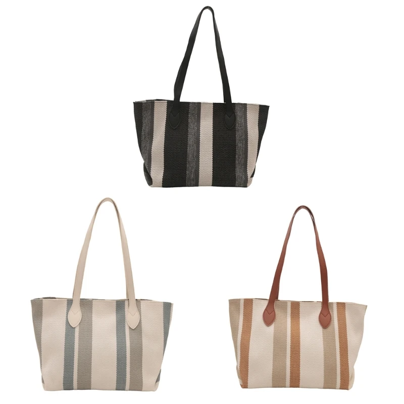 Fashionable Canvas Striped Shoulder Bag Large Capacity Beach Casual Underarm Handbag for School Students and Commuters