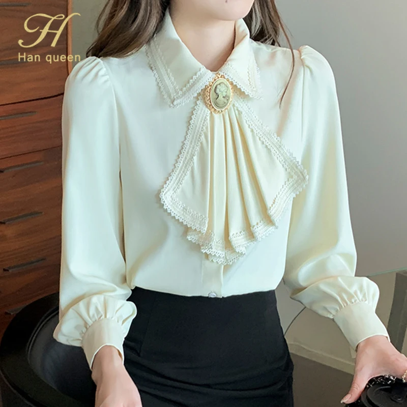 H Han Queen 2022 Spring Basic Shirt Women Blouses Vintage Work Casual Tops Chiffon Blouse Korean Design Long Sleeve Loose Shirts