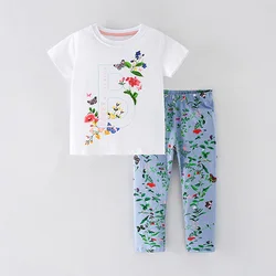 Quality 100% Cotton 2024 Summer Children Casual Suits Short Sleeve T-shirt Leggings Kids Printed Outfits Baby Girls Clothes Sets