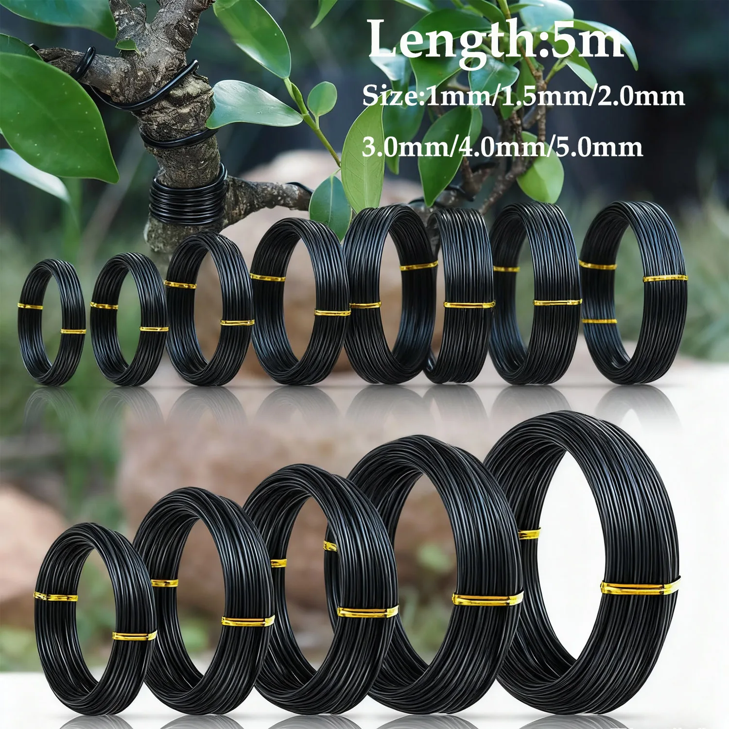 

5m/roll Garden Bonsai Shape Aluminum Wire 1.0mm, 1.5mm, 2.0mm, 3mm, 4mm, 5mm Black Six Sizes for Garden and Plant Shapes