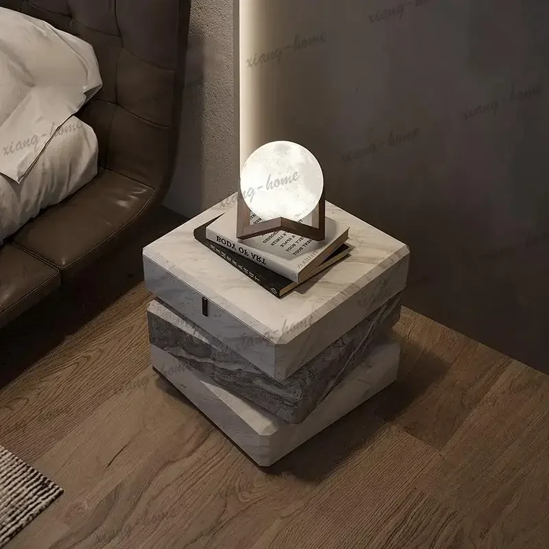 YJ Italian Minimalist Nightstand, Staggered Design Pine Wood Bedside Table, Eco-Friendly &Easy Clean, Modern Luxury Storage Cabi