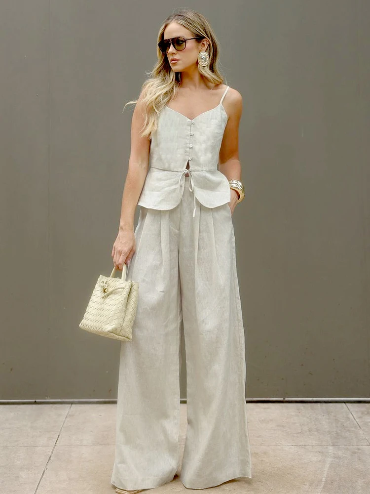 Mueyaruho Women 2025 Summer Office Pant Set Suits Solid Beige Outfits 2 Two Piece Wide Leg Matching Set For Women