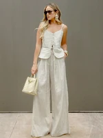 Mueyaruho Women 2026 Summer Office Pant Set Suits Solid Beige Outfits 2 Two Piece Wide Leg Matching Set For Women - Image 2