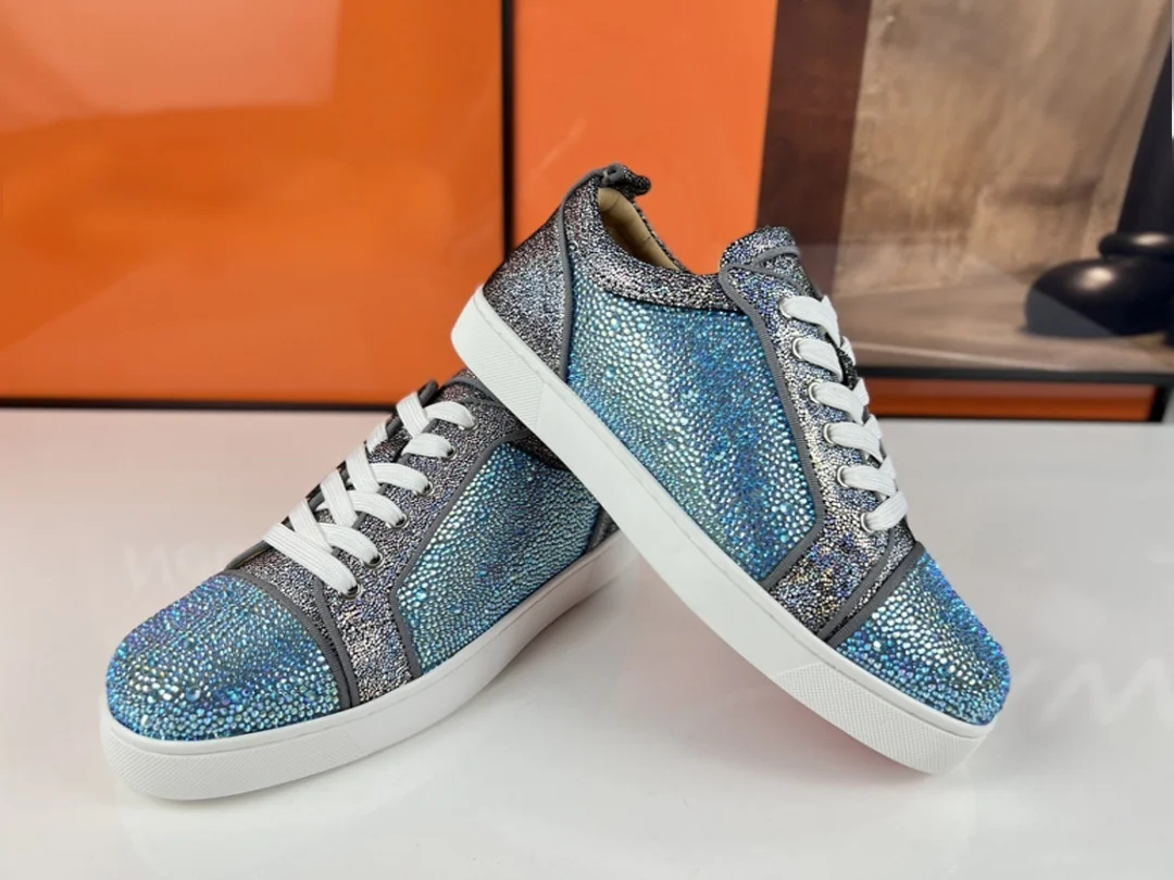 Luxury Blue Glitter Rhinestone Spike Sneakers Handmade Crystal Studded High Tops Party Club Wedding Shoes Trendy Designer
