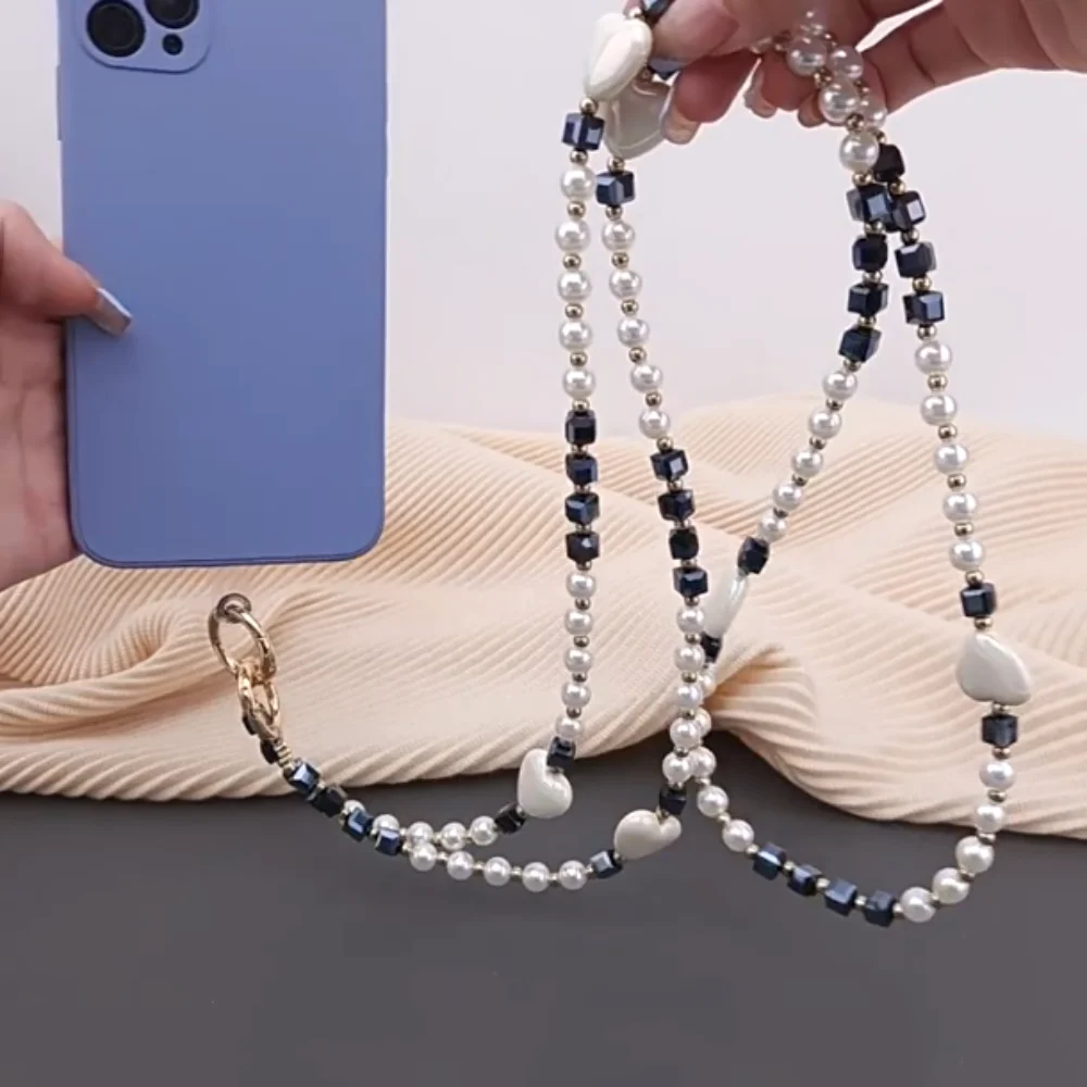 

Цветной длинный ремешок-цепочка для телефона через плечо с бусинами и сердечками, защита от потери, для ношения на шее