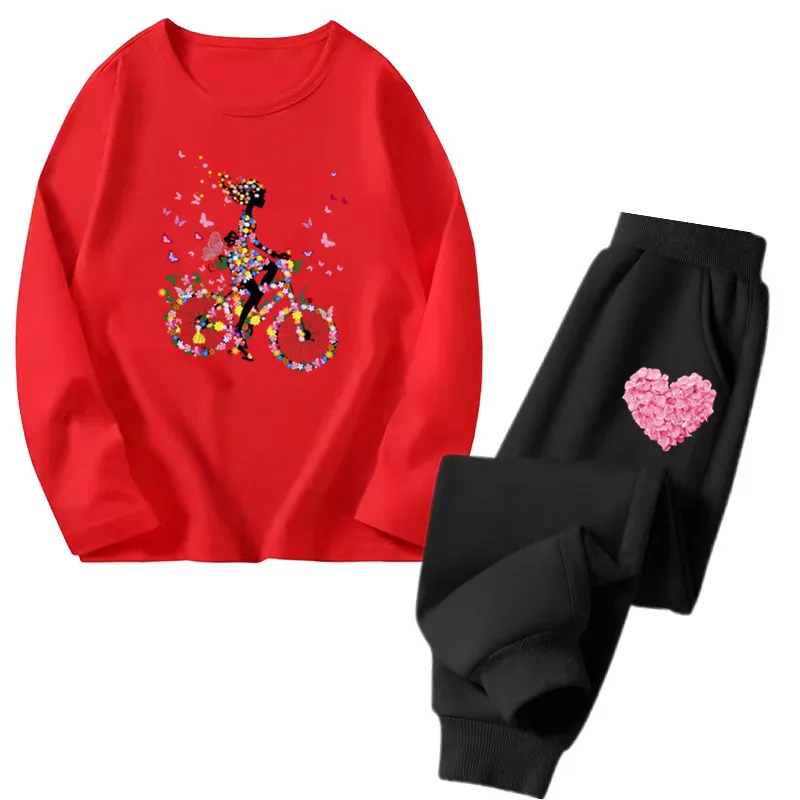 Girls flower heart Print Clothes Set Kids Cotton Long Sleeved T-shirt Top+Sweatpants Outfit Girls Spring Fashion Tracksuits