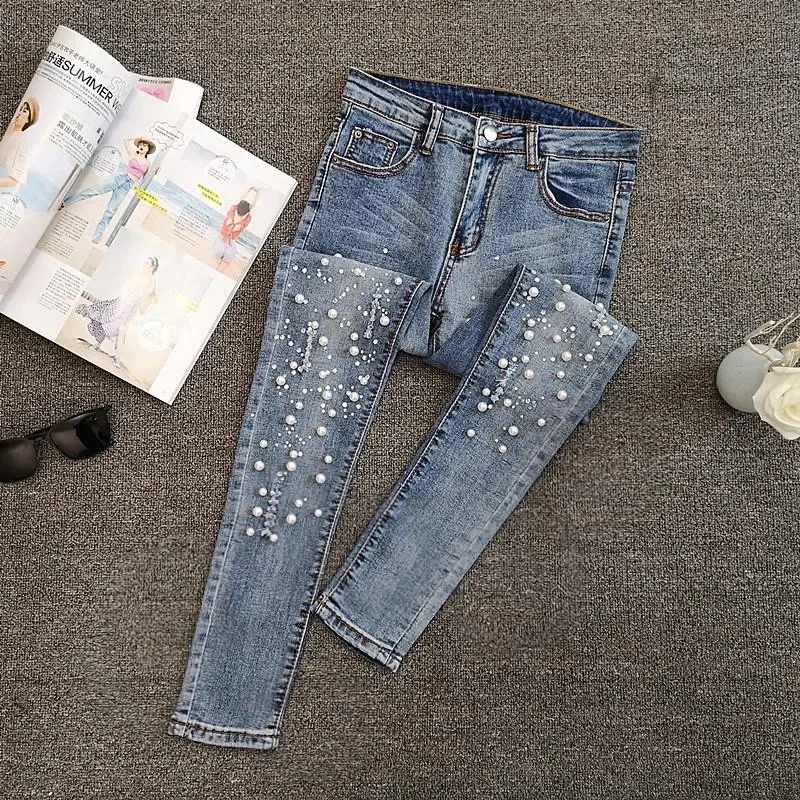 

Ladies Heavy Industry Skinny Beading Jeans For Women Spring Summer High Waist Blue Denim Pants Korean Beading Stretch Jeans Pant