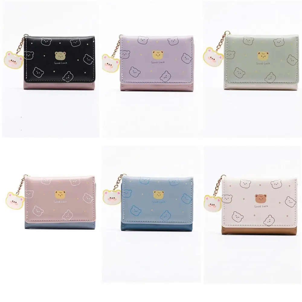 محفظة محمولة مطبوعة على شكل دب كرتوني قابلة للطي محفظة قصيرة ناعمة متعددة الفتحات حافظة بطاقات للطلاب