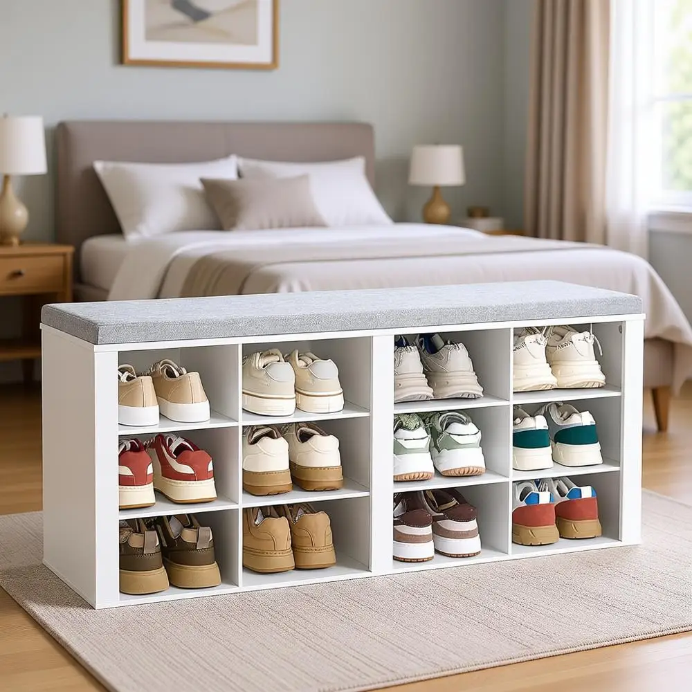 Cushioned Entryway Storage Bench with 12 Adjustable Shelves for Shoes and Living Room Organization