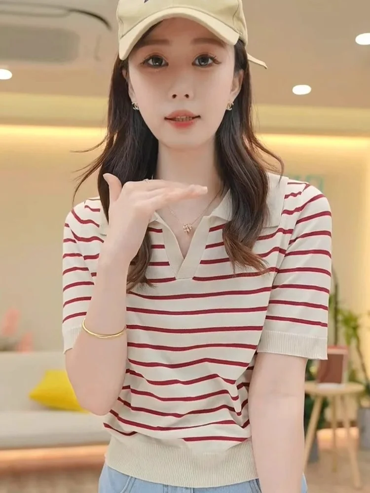 

Unique Color Blo Ne ort Sve Slim Fit Striped T-irt Korean Sle Commute Faion Summer Top Ele Quali