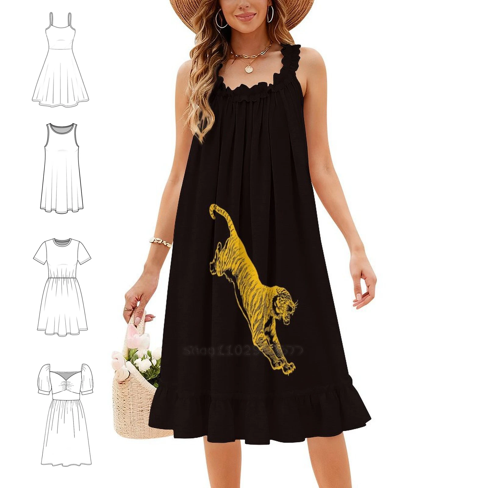 Gold Tiger Animal Korean Style Dress For Women Elegant Casual Dress For Party Or Daily Wear Gold Color Gold Brown Yellow High