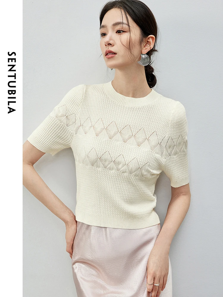 Sentubila argyle aushöhlen gestrickte Pullover 2024 Sommer Rundhals ausschnitt einfache gerade gestrickte Kurzarm oberteile Kleidung w42h55119