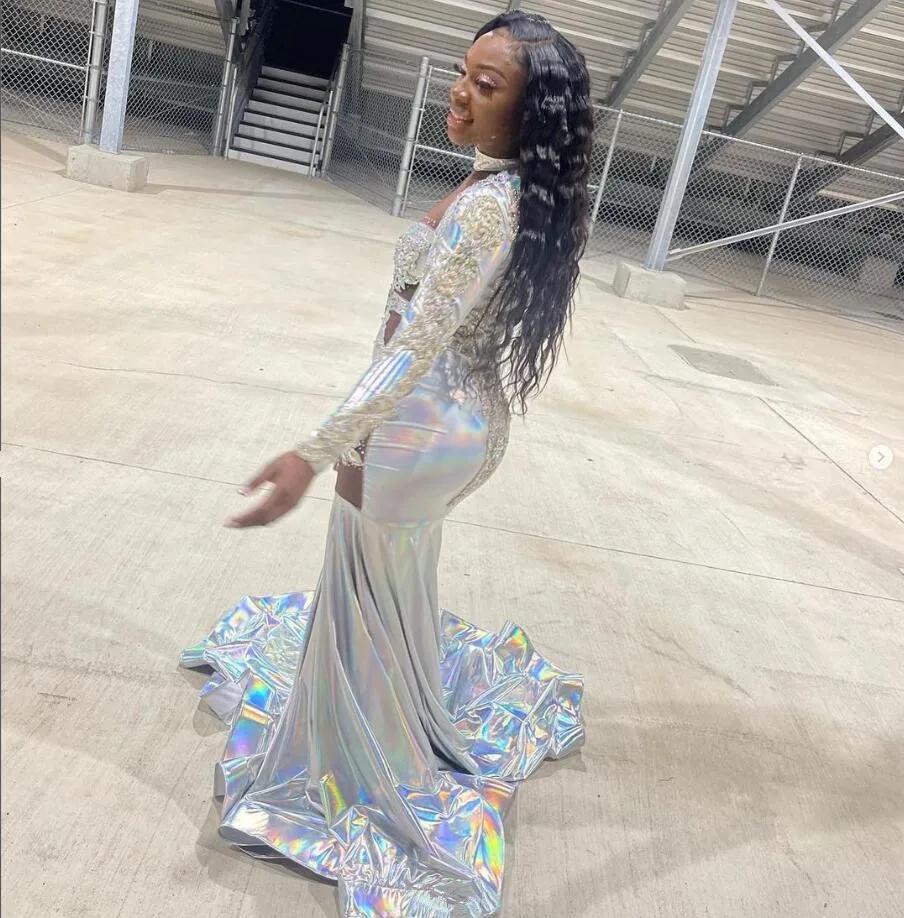 Silver Long Mermaid Prom Dress for Women Sparkly Diamond Crystal Long Sleeve Birthday Gown vestido para fiestasblack girl