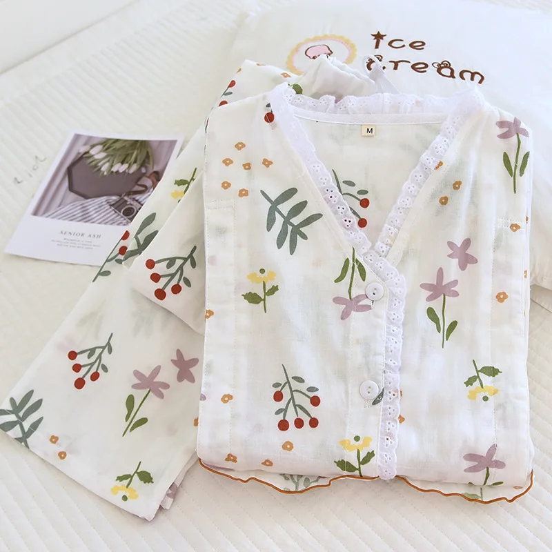 Pure Cotton Floral Maternity Suit For Breastfeeding Pregnant Women 2024 Spring New V-Neck Sleepwear Nursing Clothes