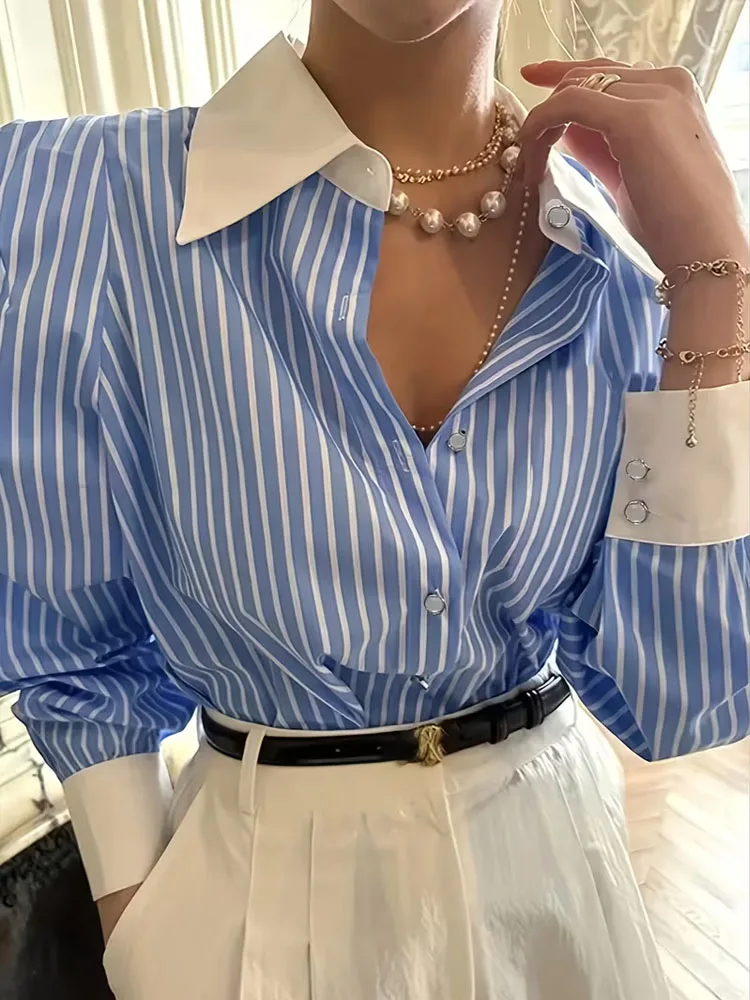 New Plus Size Contrast Collar Cuff Blue-White Striped Long-Sleeve Shirts Big Size Elegant Women's Blouses Deals Large Size Tops