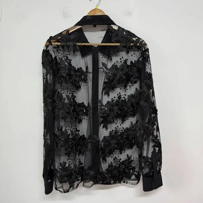 Niche Men's Shirt Three-dimensional Embroidered Flowers Sheer Mesh Design 2025 New Fashion Lapel Long Sleeve Shirts VFGT67