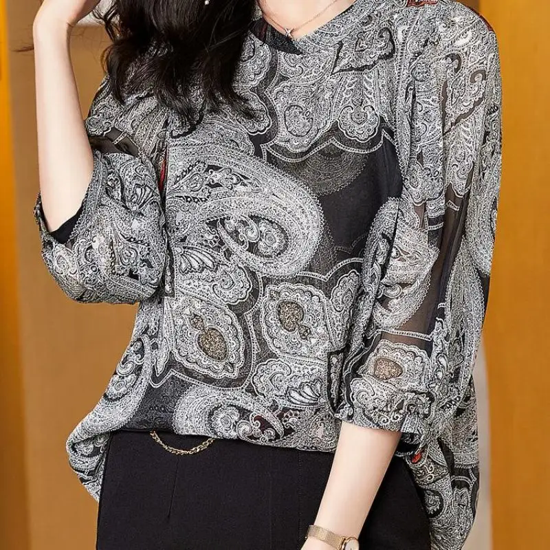 Elegant O-Neck Printed Lantern Sleeve Chiffon Blouse Women Clothing 2023 Spring New Oversized Casual Pullovers Chic Shirt