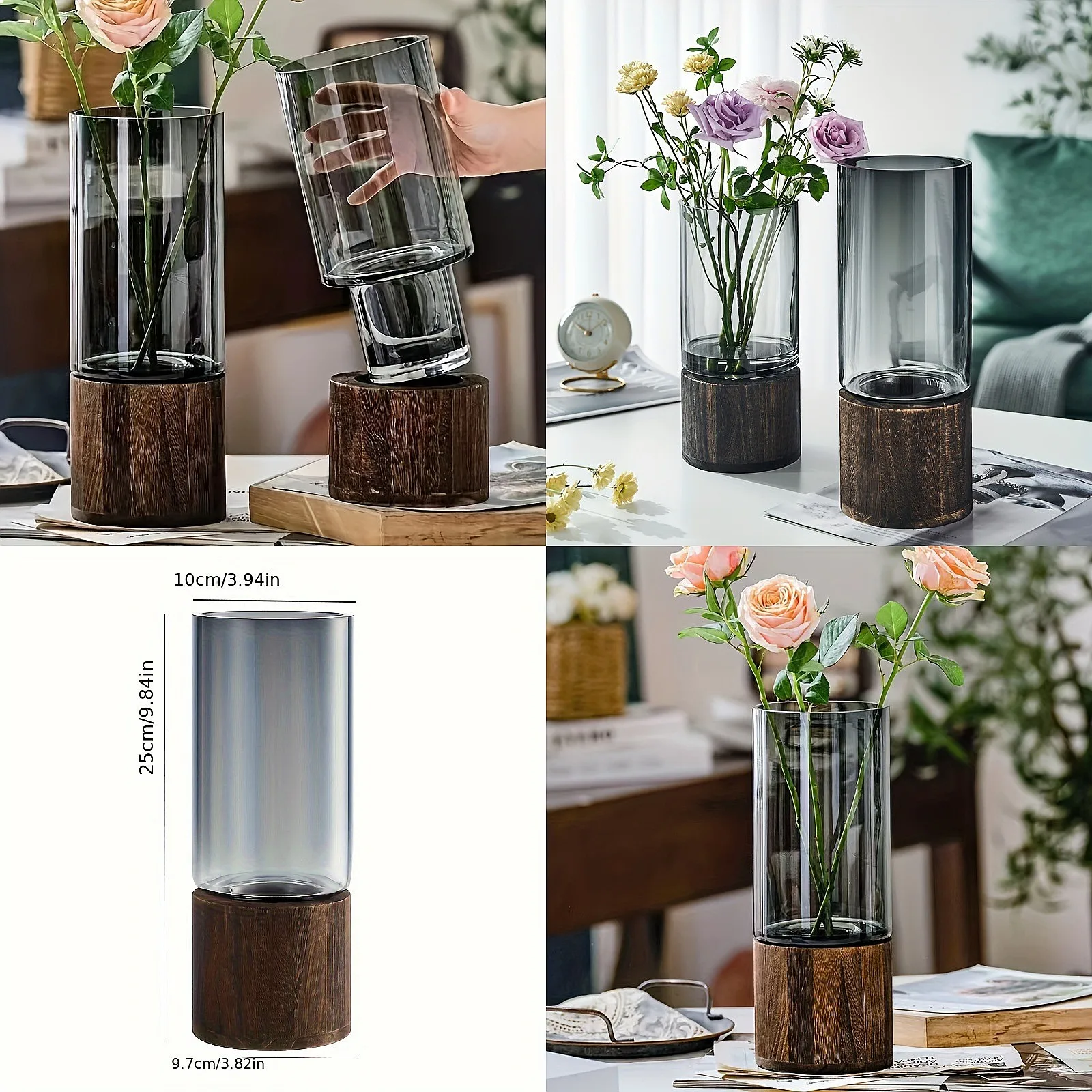Elegant Glass Vase with Wooden Base for Hydroponic Plants, Modern Tabletop Floral Arrangement Home Decoration