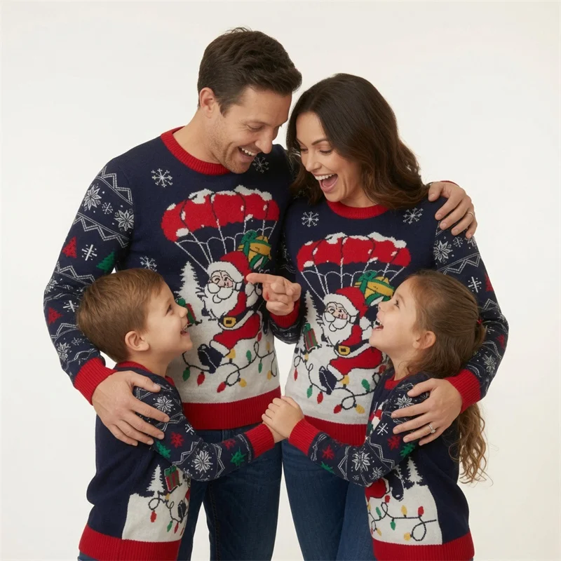 2026 Christmas Parent-Child Matching Sweater Family Winter Cartoon Knitted Jumper Xmas Father Mother Kids Autumn Pullover
