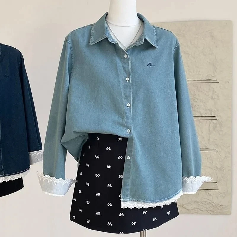 

Ladies Spring And Autumn New Lace Stitching Thin Denim Shirt Loose Joker Casual Joker Shirt Coat Long Sleeve Denim Shirt CoatLad