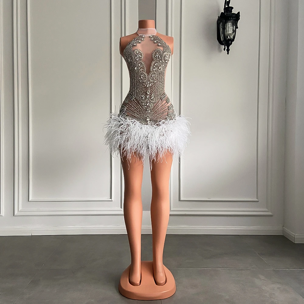 Sparkly Handmade Crystals Women Birthday Party Gowns Sexy See Through White Feather Black Girls Short Mini Prom Dress 2026