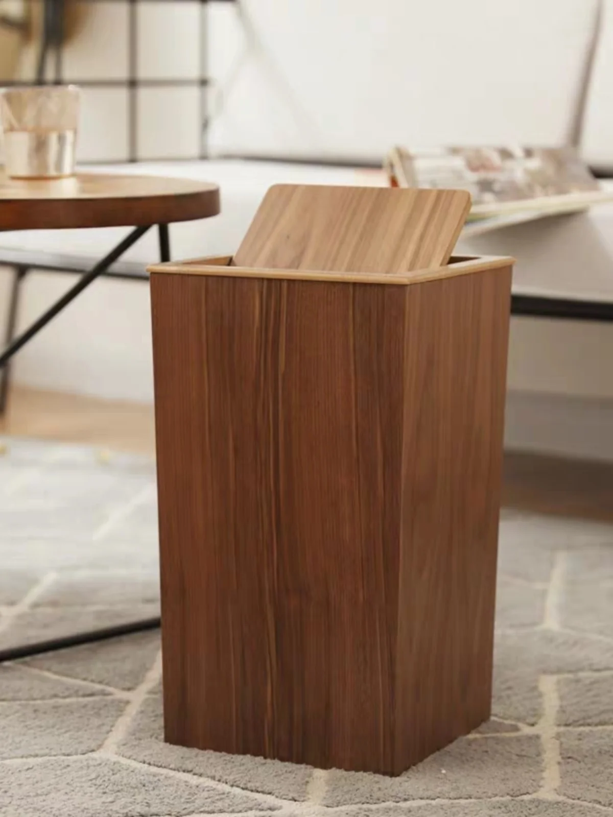 

Large Size Wooden Lid Flip Waste Bin Modern Simplicity Home Office Hotel Living Room Garbage Bag Inner Tub Rectangular Shape