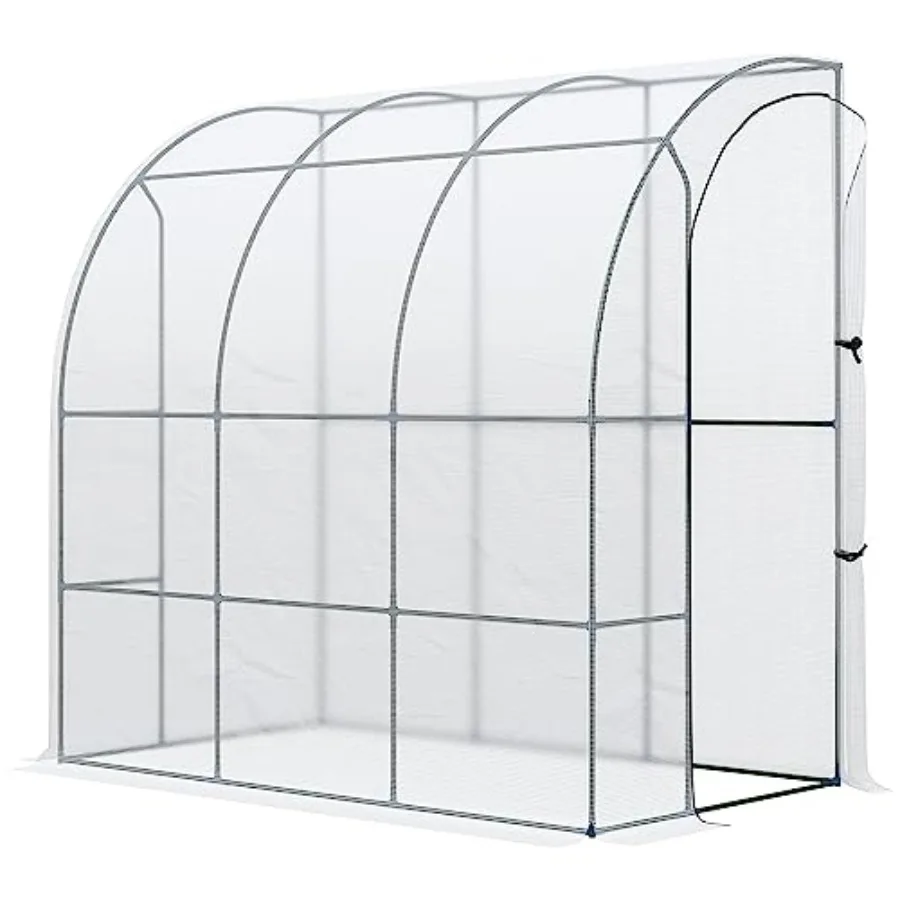 Outdoor lean-to greenhouse for plant nursery use, PE cover material, white color, features roll-up window and walk-in design