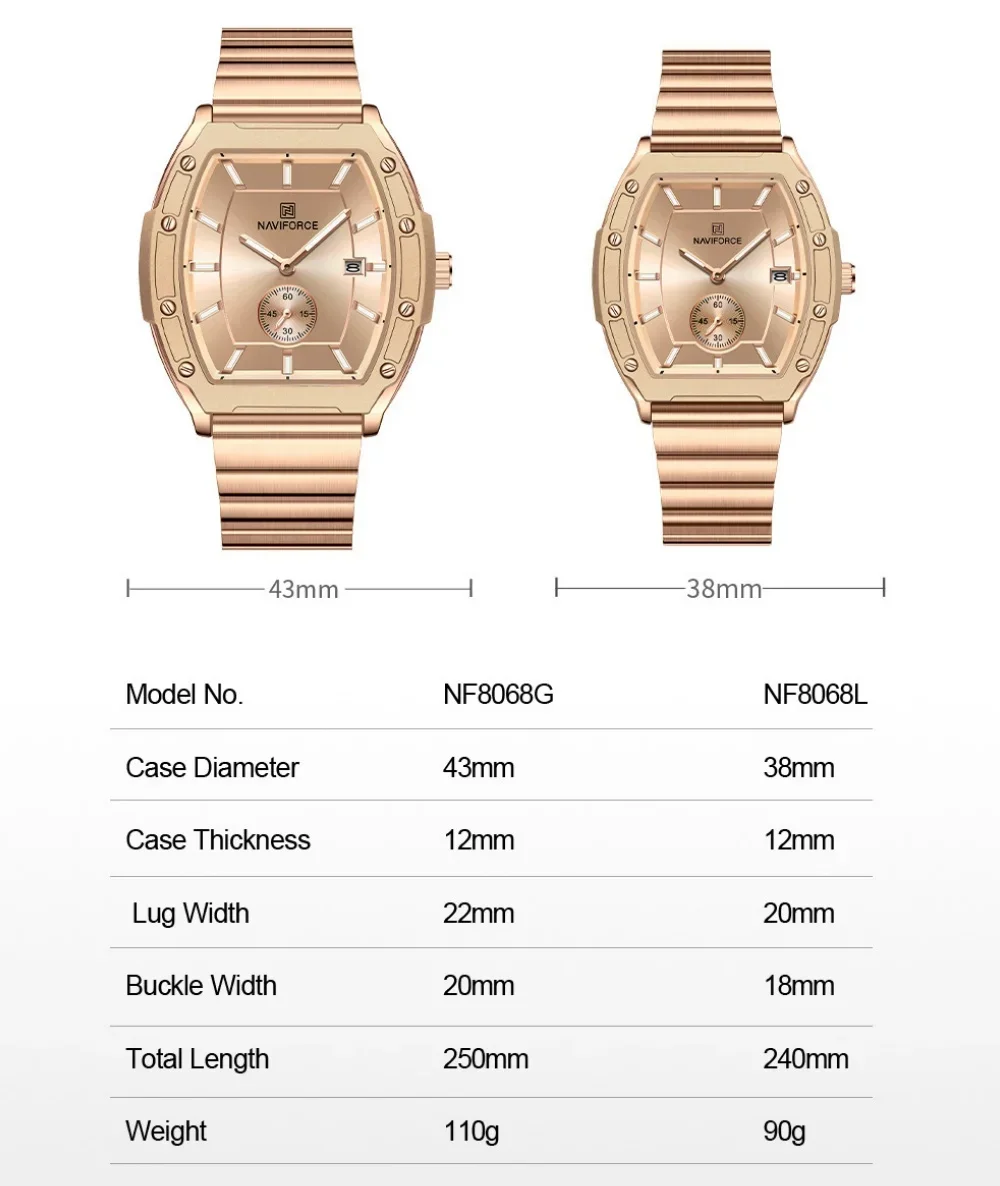 naviforce男性クォーツ時計防水カジュアルカップルウォッチ耐摩耗性ステンレスバンドスクエアダイヤルデザイン女性恋人ギフト2025