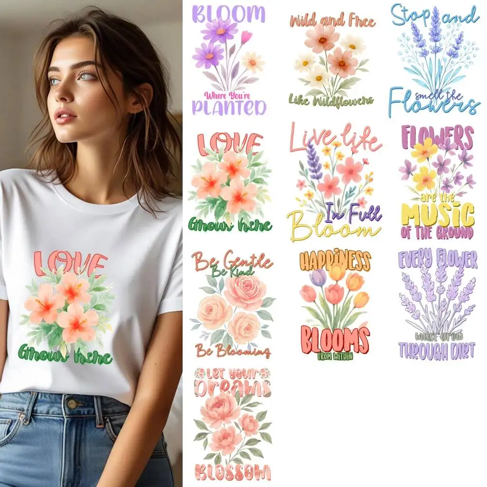 Fashion Flower Blooms Letter Transfer Patches For Clothes Applqiues DIY A-Level Washable T-shirts Iron-on Thermal Stickers